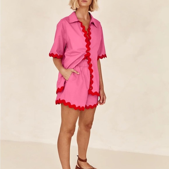 Women’s Pink and Red Two Piece Set Button Top with Scallop Trim size Large - Picture 1 of 10